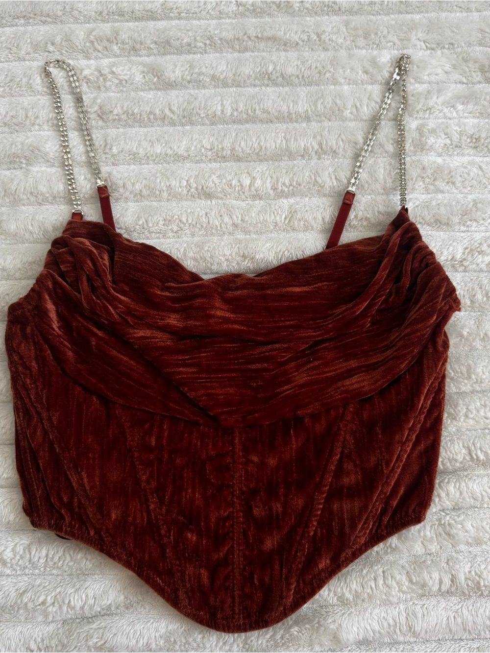 Urban Outfitters Velvet Cowl Bodysuit with Chain Straps - Rust Red
